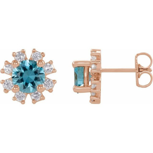 14 Karat Rose Gold Genuine Blue Zircon and .07 Carat Diamond Earrings