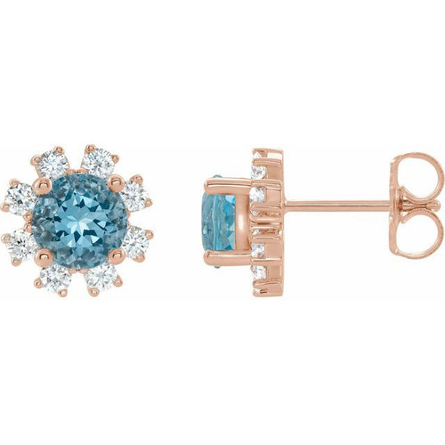 14 Karat Rose Gold Genuine Blue Zircon and 0.20 Carat Diamond Earrings
