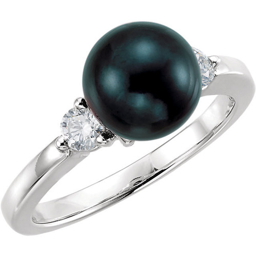 Cultured Akoya Pearl Ring in 14 Karat White Gold Akoya Cultured Pearl and 0.25 Carat Diamond Ring