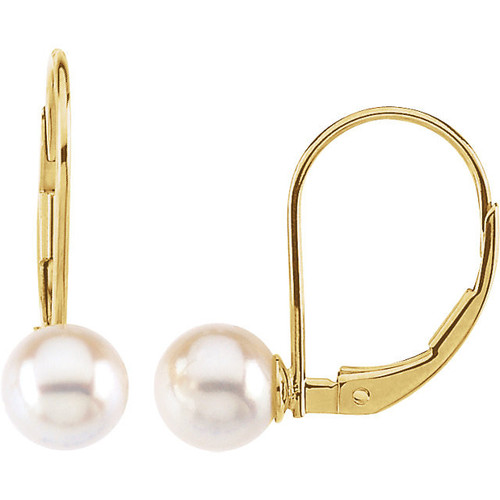 Genuine 14 Karat Yellow Gold 6mm Round Akoya Pearl Lever Back Earrings