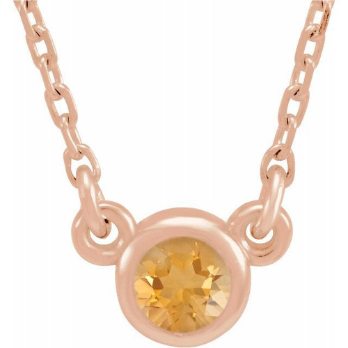 Golden Citrine Pendant in 14 Karat Rose Gold 3 mm Round Citrine Bezel Set Solitaire 16 inch Necklace