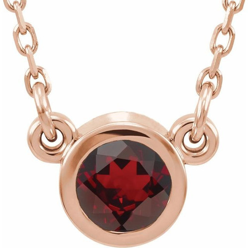 Red Garnet Gem in 14 Karat Rose Gold 4 mm Round Mozambique Garnet Bezel Set Solitaire 16 inch Necklace