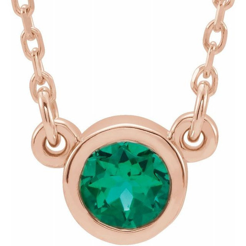 14 Karat Rose Gold 4 mm Round Lab Created Emerald Bezel Set Solitaire 16 inch Necklace
