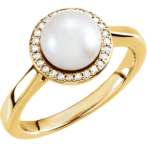 14 Karat Yellow Gold Genuine Freshwater Pearl & .08 Carat Diamond Halo-Style Ring