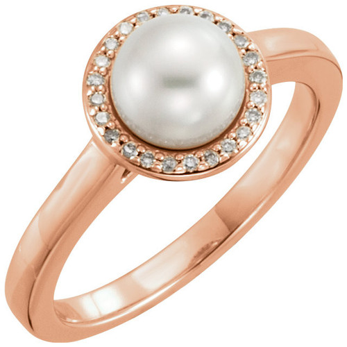 14 Karat Rose Gold Freshwater Pearl and .06 Carat Diamond Halo Style Ring