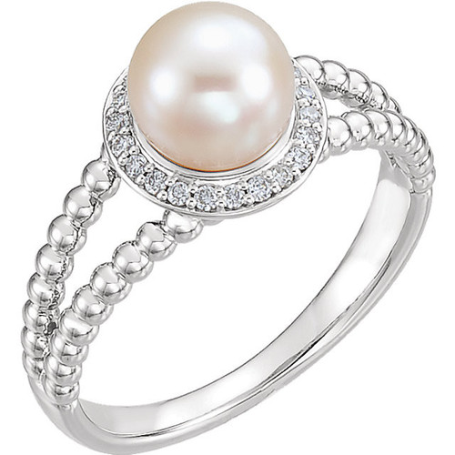 Genuine Cultured Freshwater Pearl Ring in Platinum Freshwater Pearl & 0.12 Carat Diamond Ring