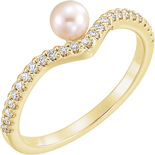 14 Karat Yellow Gold Freshwater Pearl and 0.20 Carat Diamond Asymmetrical Ring