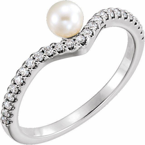 White Pearl in Sterling Silver Freshwater Cultured Pearl and 0.20 Carat Diamond V Ring