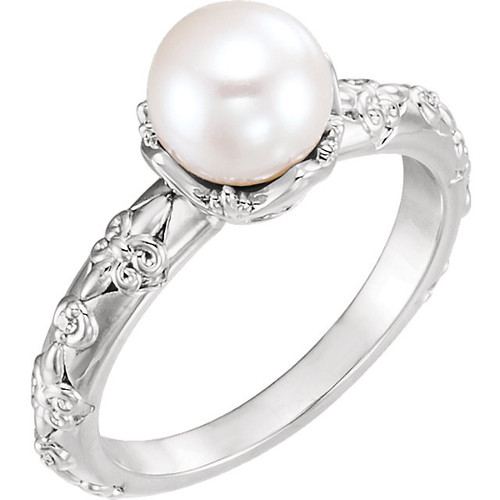 14 Karat White Gold Freshwater Pearl and .02 Carat Diamond Vintage Inspired Ring