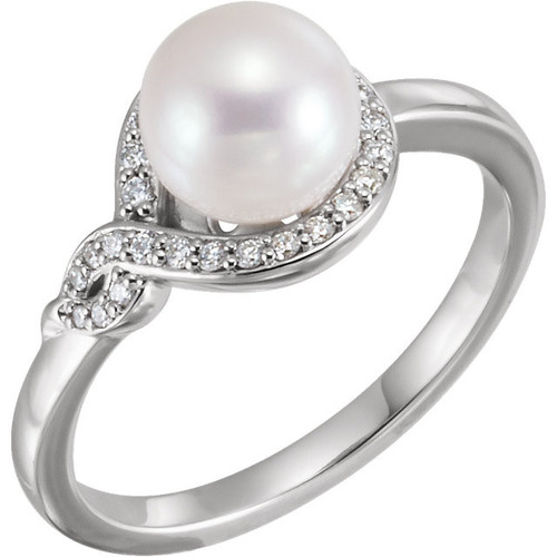 Buy 14 Karat White Gold Freshwater Pearl and 0.12 Carat Diamond Bypass Ring