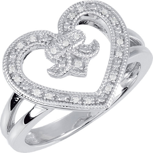 Sterling Silver .07 Carat Round  Diamond Heart and Fleur De Lis Design Ring Size 8