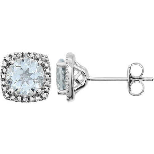 Genuine Sterling Silver 6mm Aquamarine and .015 Carat Diamond Earrings