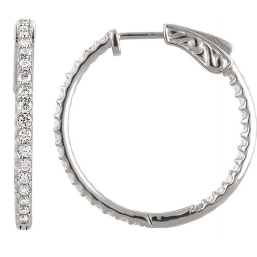 Genuine 14 Karat White Gold 1.00 Carat Diamond Inside Outside Hoop Earrings