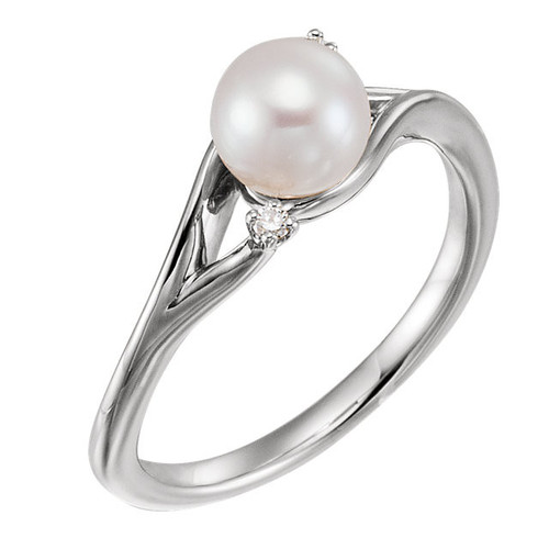 14 Karat White Gold Freshwater Pearl and .03 Carat Diamond Bypass Ring