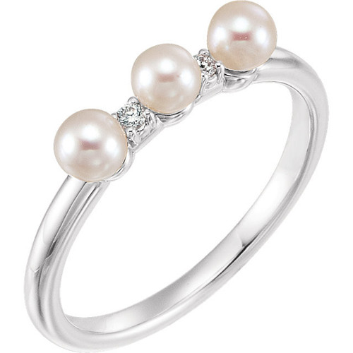 Genuine Sterling Silver Freshwater Pearl & .03 Carat Diamond Stackable Ring