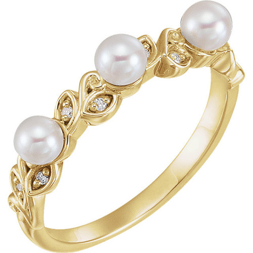 White Pearl in 14 Karat Yellow Gold and .03 Carat Diamond Stackable Leaf Pattern Ring