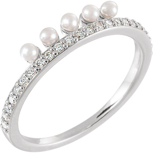 Sterling Silver 0.20 Carat  Diamond Semi-set Stackable Pearl Ring for Pearl