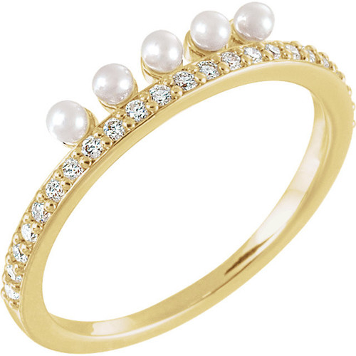 14 Karat Yellow Gold Freshwater Pearl and 0.20 Carat Diamond Stackable Ring