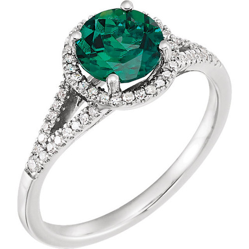 14 Karat White Gold Lab Emerald and 0.17 Carat Diamond Ring