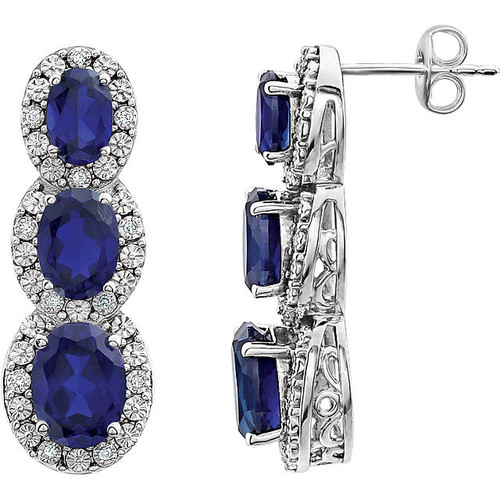 14 Karat White Gold Blue Sapphire and .07 Carat Diamond 3 Stone Earrings