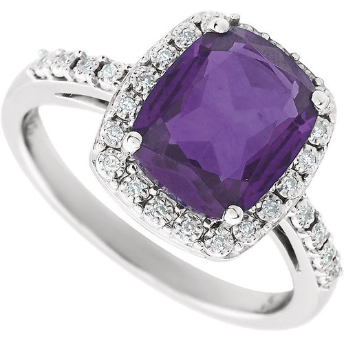 Fabulous 14 Karat White Gold Cushion Genuine AAA Amethyst and .07 Carat Diamond Ring