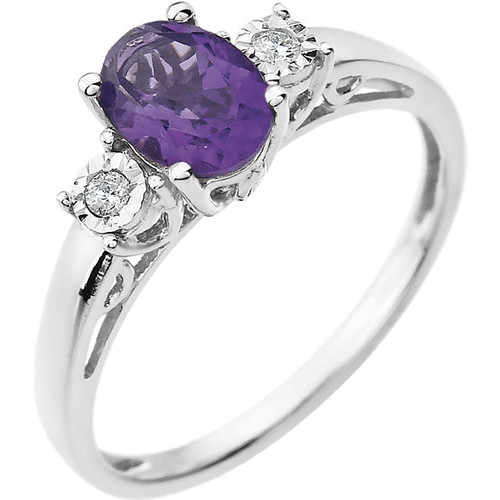 Genuine AAA Amethyst and .04 Carat Diamond Ring set in 14 Karat White Gold