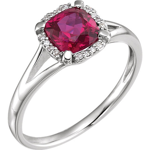 14 Karat White Gold Lab Ruby and .05 Carat Diamond Ring