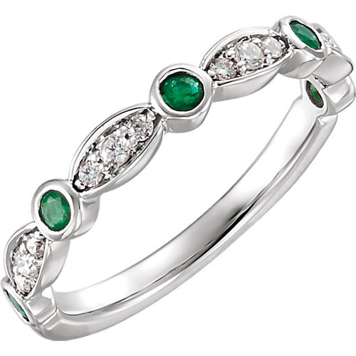 14 Karat White Gold Round  Emerald and 00.17 Carat Diamond Ring