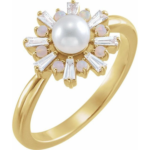 Cultured Akoya Pearl Ring in 14 Karat Yellow Gold Cultured Akoya Pearl, Fire Opal and 0.25 Carat Diamond