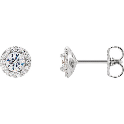 14 Karat White Gold 4mm Round Forever One Moissanite and 0.12 Carat Diamond Earrings