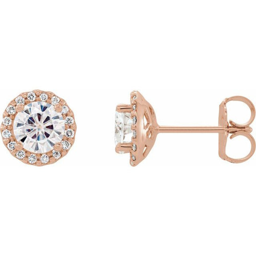 14 Karat Rose Gold 6 mm Round Forever One Moissanite and 0.13 Carat Diamond Earrings