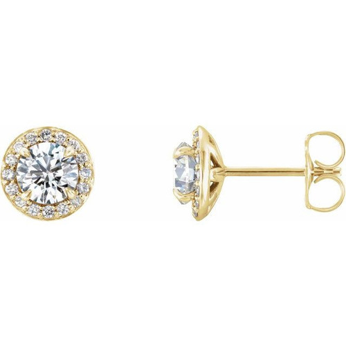 14 Karat Yellow Gold 5 mm Round Forever One Moissanite and 0.13 Carat Diamond Earrings