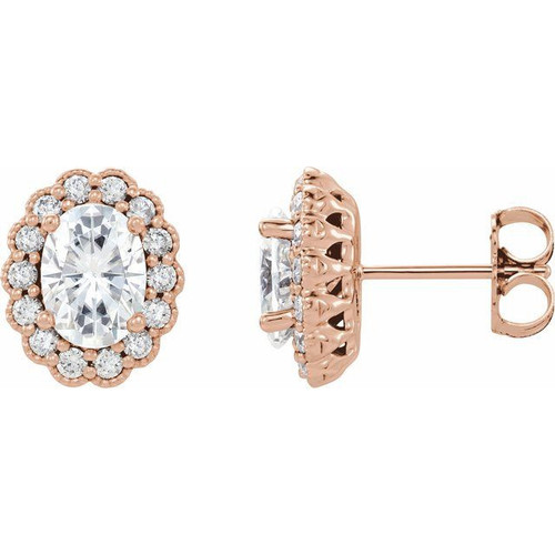 14 Karat Rose Gold 7x5 mm Oval Forever One Moissanite and 0.40 Carat Diamond Earrings