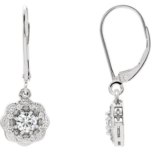 14 Karat White Gold 4mm Round Genuine Charles Colvard Forever One Moissanite and 0.12 Carat Diamond Earrings