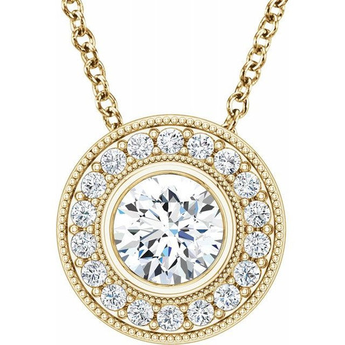 Created Moissanite Necklace in 14 Karat Yellow Gold 6.5 mm Round Forever One Moissanite and 0.33 Carat Diamond 18 inch Necklace