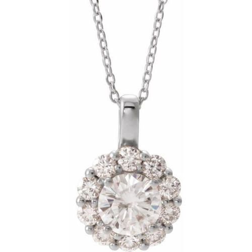 Created Moissanite Necklace in 14 Karat  Gold 6.5 mm Round Forever Oneandtrade; Moissanite and 0.60 Carat Diamond 16 inch Necklace