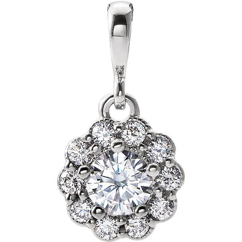 14 Karat White Gold Forever One Moissanite and 00.17 Carat Diamond Pendant