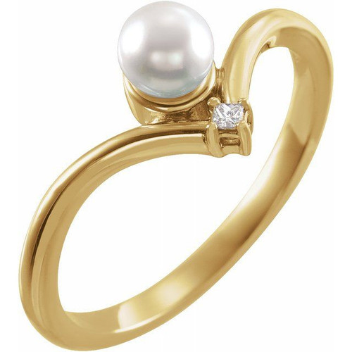 White Akoya Pearl Ring in 14 Karat Yellow Gold Akoya Cultured Pearl and .025 Carat Diamond Ring