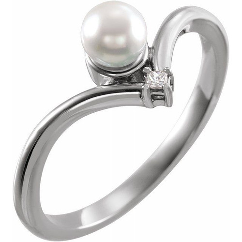 Real Akoya Pearl Ring in Platinum Akoya Cultured Pearl and .025 Carat Diamond Ring