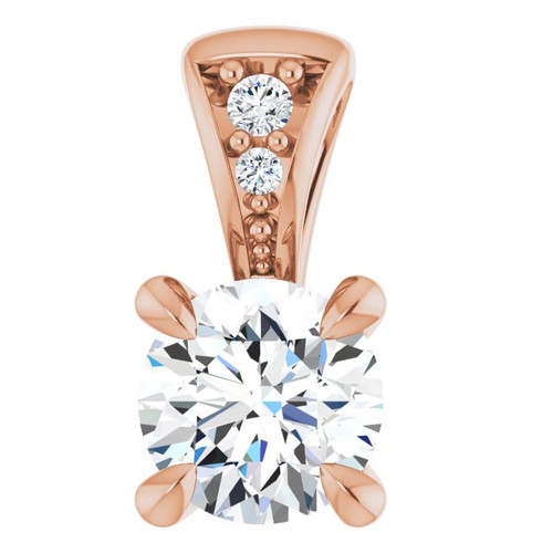 14 Karat Rose Gold 4 mm Round Forever One Moissanite and .01 Carat Diamond Pendant