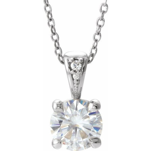 Created Moissanite Necklace in 14 Karat  Gold 4 mm Round Forever One Moissanite and .01 Carat Diamond 16 inch Necklace