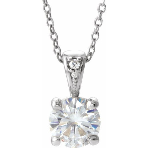 Created Moissanite Necklace in 14 Karat  Gold 5 mm Round Forever One Moissanite and .01 Carat Diamond 16 inch Necklace