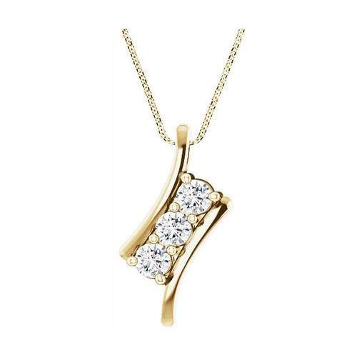  Created Moissanite Necklace in 14 Karat Yellow Gold 4 mm Round Forever One Moissanite Three-Stone 16-18" Necklace 