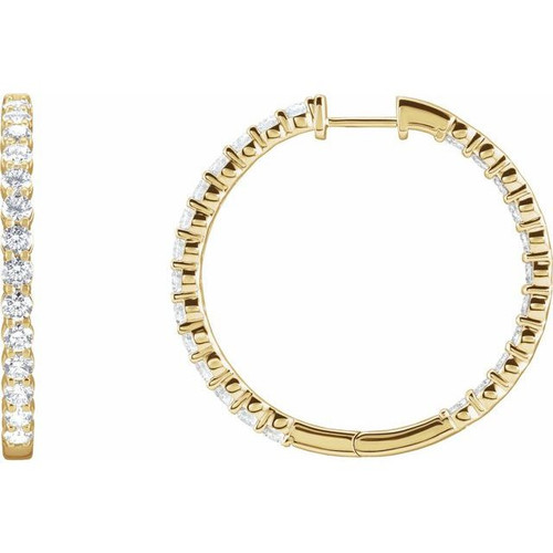 14 Karat Yellow Gold 1.00 Carat Lab Grown Diamond Inside Outside Hinged 19.3 mm Hoop Earrings