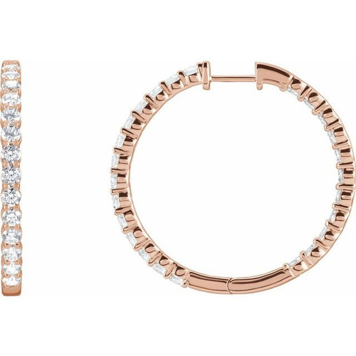 14 Karat Rose Gold 1.00 Carat Lab Grown Diamond Inside Outside Hinged 19.3 mm Hoop Earrings