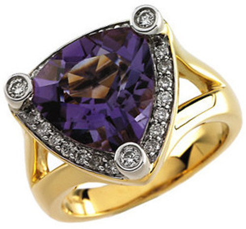 Trillion Genuine AAA Amethyst and 0.33 Carat Diamond Ring set in 14 Karat Yellow Gold