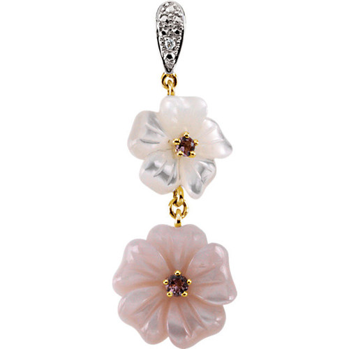 Pink Tourmaline, Mother Of Pearl and Diamond Floral Inspired Pendant