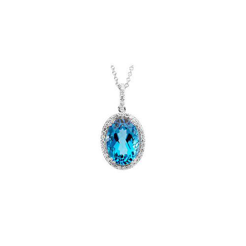 14 Karat White Gold Oval Genuine Swiss Blue Topaz and 0.37 Carat Diamond 18 inch Necklace