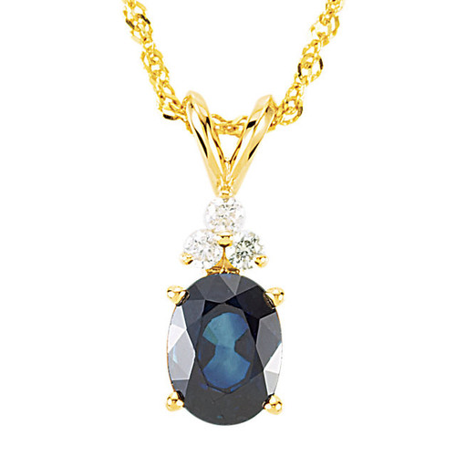 14 Karat Yellow Gold 8x6mm Oval Blue Sapphire and 0.10 Carat diamond 18 inch Necklace
