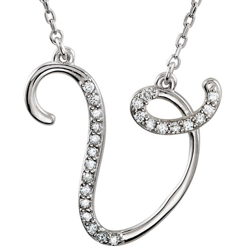 Sterling Silver Letter V 0.12 Carat  Diamond 16 inch Necklace